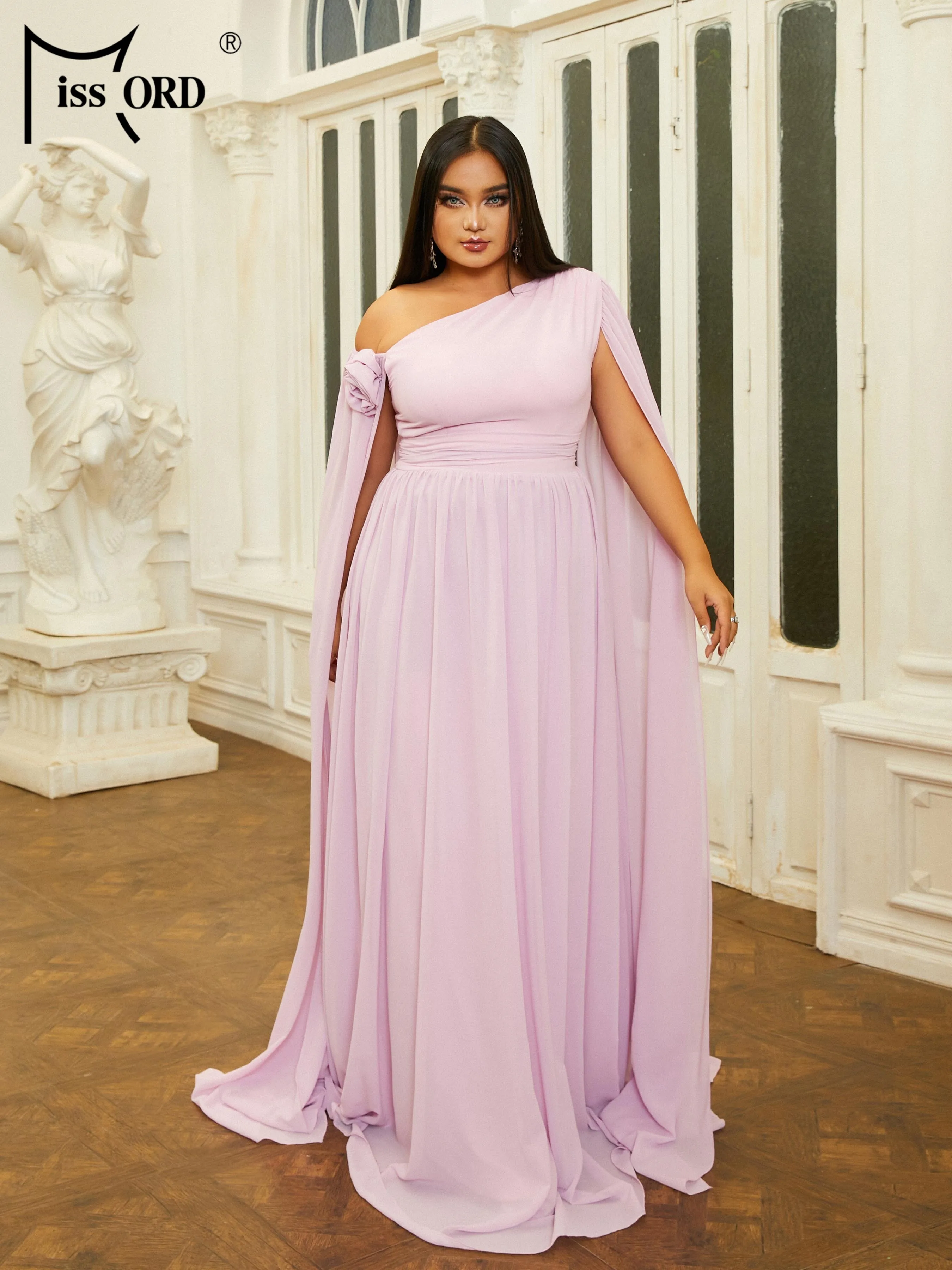 Missord Plus Size New 2024 Flowing Sleeves One Shoulder A Line Prom   Party Purple Large Size Dresses