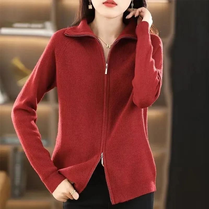 2024 Knitted Cardigan Women's Long-Sleeved Jacket Double Zipper Loose Versatile Fashion Sweater  Fashion Simple Atmosphere Coat