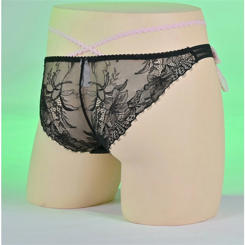 Sweet Sissy Panties Silky Mens Pouch Briefs Bow-knot Lace Transparent String Man Gay Underwear Smooth Male Erotic Lingerie 2025