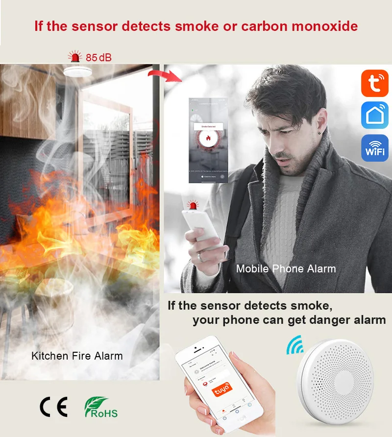 Tuya-Sensor de monóxido de carbono 2 en 1, Detector de humo, alerta por aplicación Smart Life, alarma de sonido contra incendios, protección de