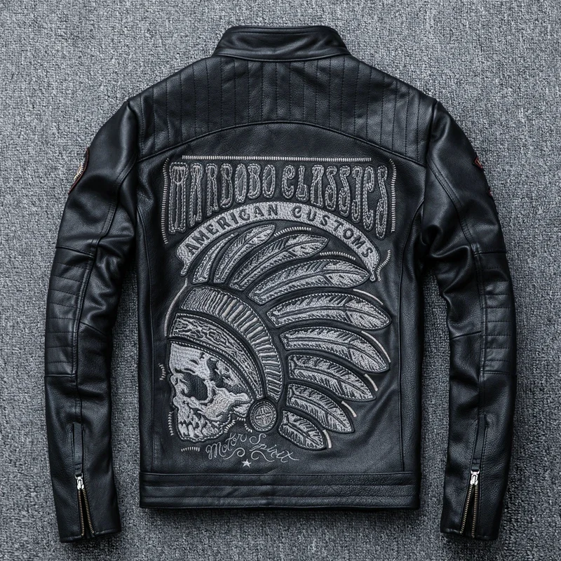 2025 New Black Embroidery Skull Motorcycle Leather Jackets Natural Cowhide Moto Jacket Biker Leather Coat Slim Clothing
