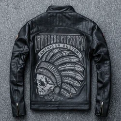 2025 New Black Embroidery Skull Motorcycle Leather Jackets Natural Cowhide Moto Jacket Biker Leather Coat Slim Clothing