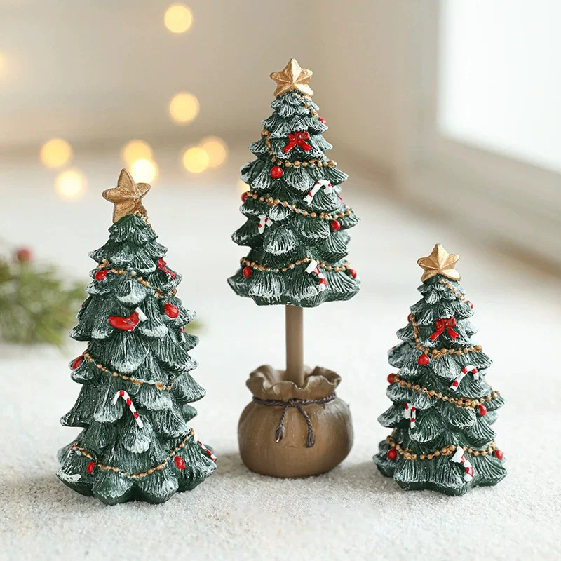 Green Small Snow Tree Christmas Resin Tabletop Decoration Mini Festive Figurine Snowy Ornament for Holiday Arrangements Gifts
