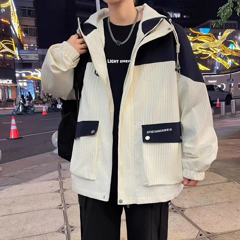 

COMXZ Мужская куртка с цветными блоками, модная универсальная ветрозащитная дышащая куртка с капюшоном 2025, уличная повседневная свободная ветровка на молнии