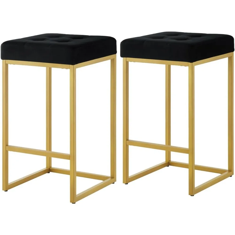 Bancos de bar contemporâneos acolchoados em veludo dourado 24K, conjunto de 2, 26 altos para ilha de cozinha, preto