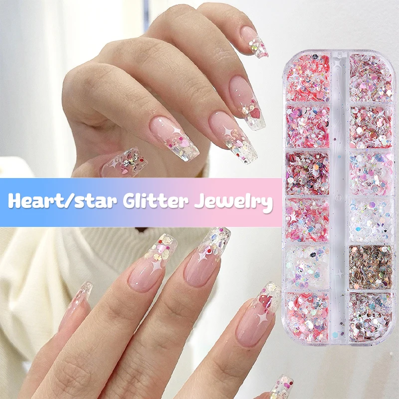 Glitter Sequin Mixed 12 Grids Star Heart Shape Colorful Nail Sequins For Sparkling Shaker Nail Art Flakies Paillette Manicure