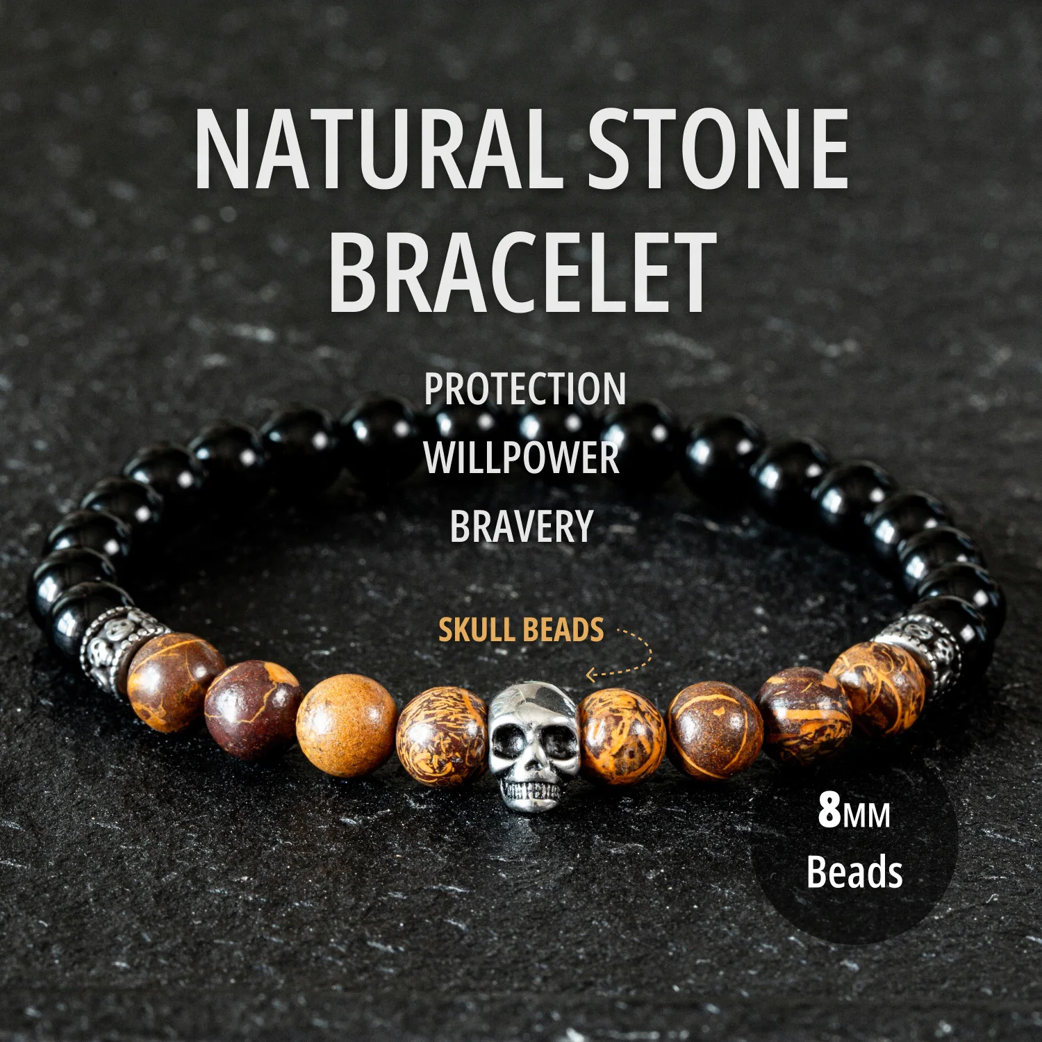 Natural Obsidian & Elephant Stone Bracelet with Skull Beads Protective Good Luck Bracelet Best Friend Gifts For Men & Women