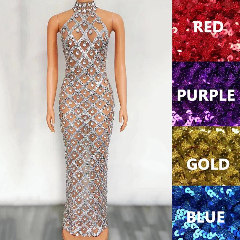 6 Colors Shiny Sequins Sleeveless Evening Dress Women Birthday Celebrate Outfit Stretch Mesh Transparent Jazz Wear XS4842