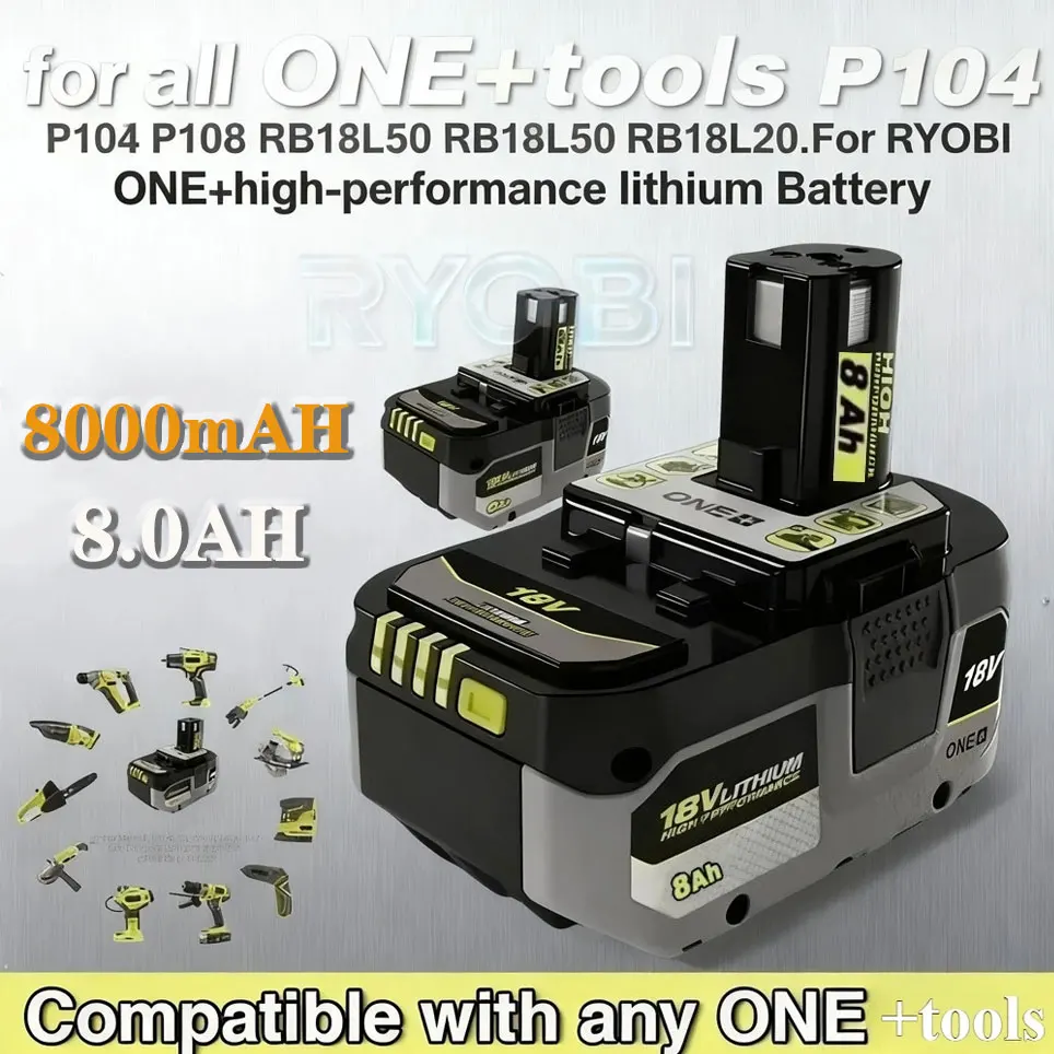 Batterie au lithium haute performance RYOBI 18V à faible autodécharge, compatible avec tous les outils P104, P107, P108, P109, RB18L20