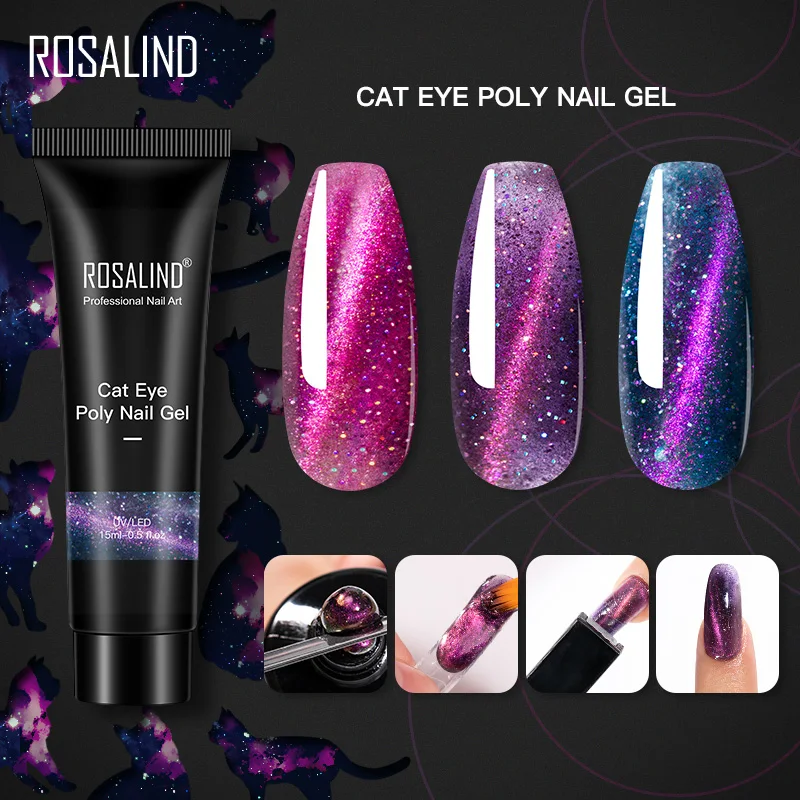 ROSALIND 15ml Cat Eye Poly Nail Gel Trendy Colors Quick Extension Nail Gel Long Lasting Safe Acrylic Crystal Gel DIY Fancy