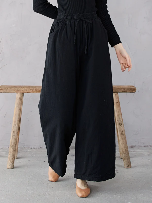 温かい綿麻ストレートレッグパンツ、カジュアルワイドレッグロングパンツ、プラスサイズ女性向け、秋冬、ミッドウエストベルト付き...
