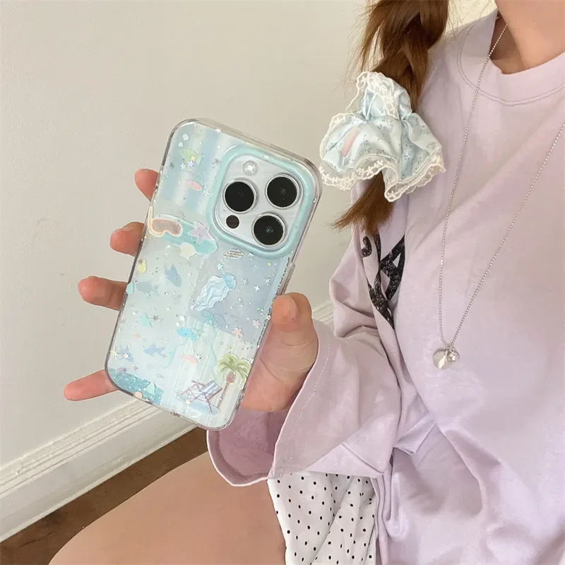 Coleção de camada dupla emenda praia pintura a tinta caso de telefone para iphone 17 ar 16 15 14 pro max anti risco ins y2k menina