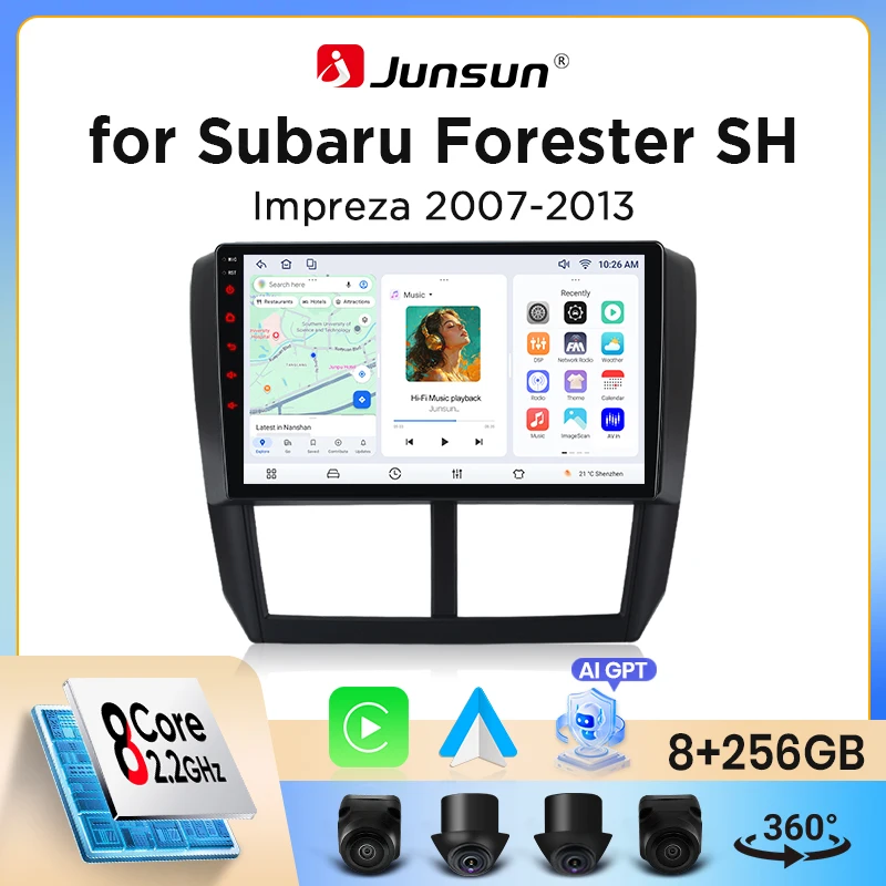 Radio para Auto Junsun con CarPlay Inalámbrico y Android Auto para Subaru Forester (SH) / Impreza Mk3 (GE/GH) 2007-2012, Ventilador de Enfriamiento Integrado, Navegación GPS Android, Reproductor Multimedia, WiFi, DSP, RDS, BT, SWC, Pantalla Táctil IPS, Autoradio, Reproductor de Video, Unidad Principal Estéreo