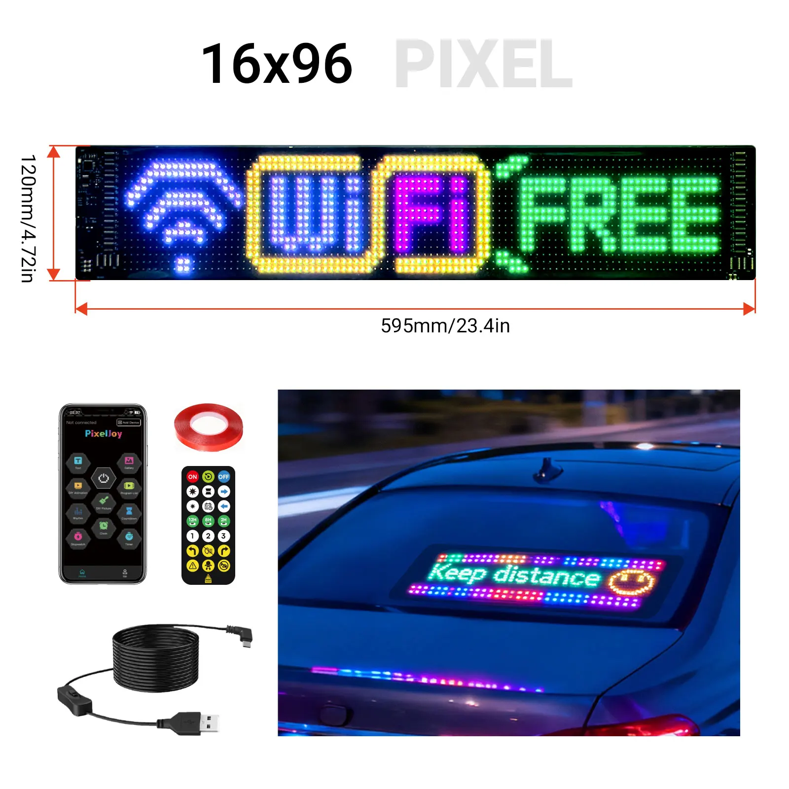 16*96 LED Pixel Matrix Sign App Remote Control RGB Scrolling Message Board Car Bag Decor USB Programmable Custom Text Animation