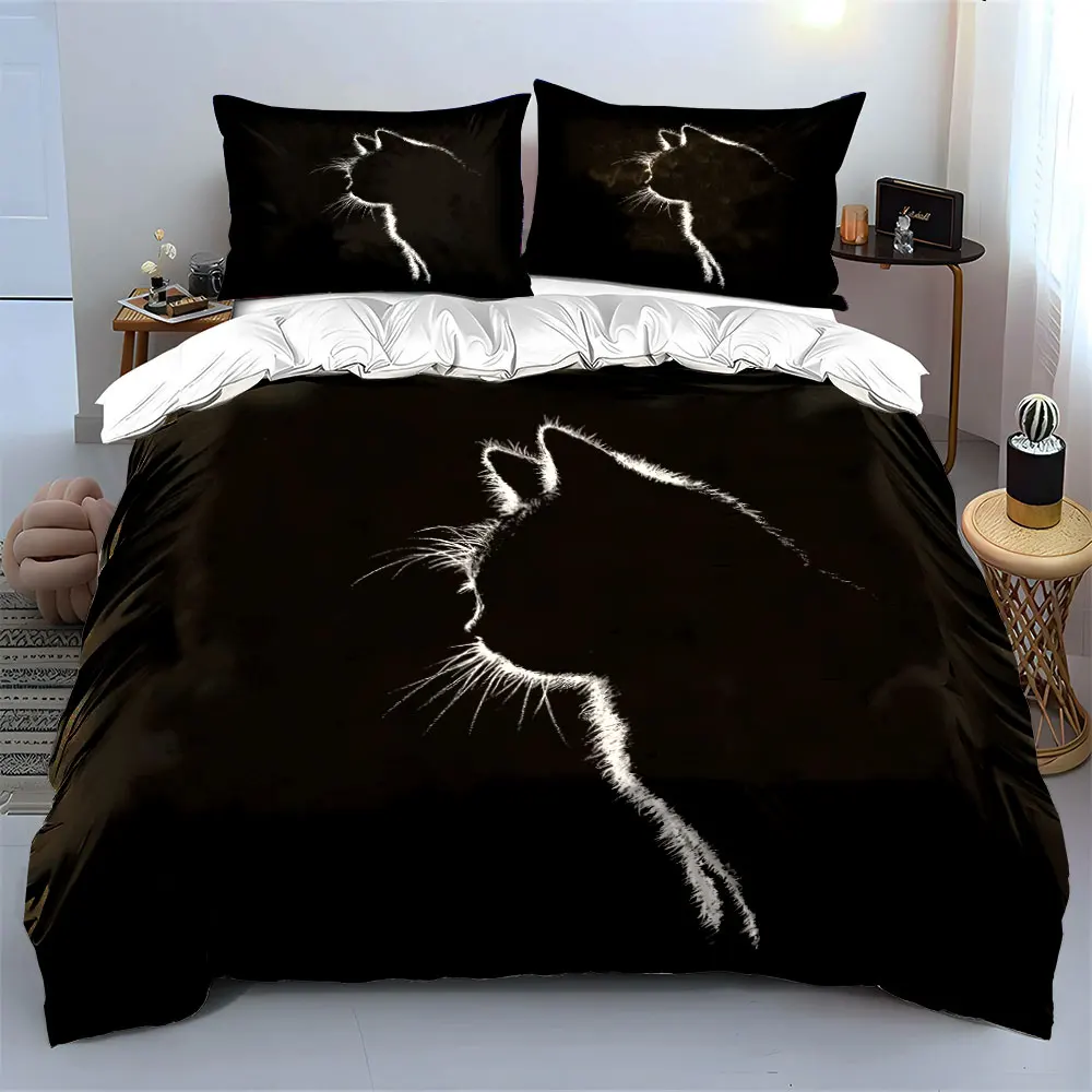 Silhouette of a cat black background Print Bedding Set 1 Duvet Cover 2 Pillowcases for Adult and Children Luxury Gift Full Size