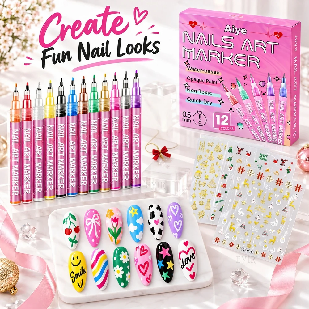 12 Colors Nail Art Pens Set 0.5mm Fine Tip Nail Drawing Marker DIY Manicure Design Painting Pen with Christmas Nail Stickers