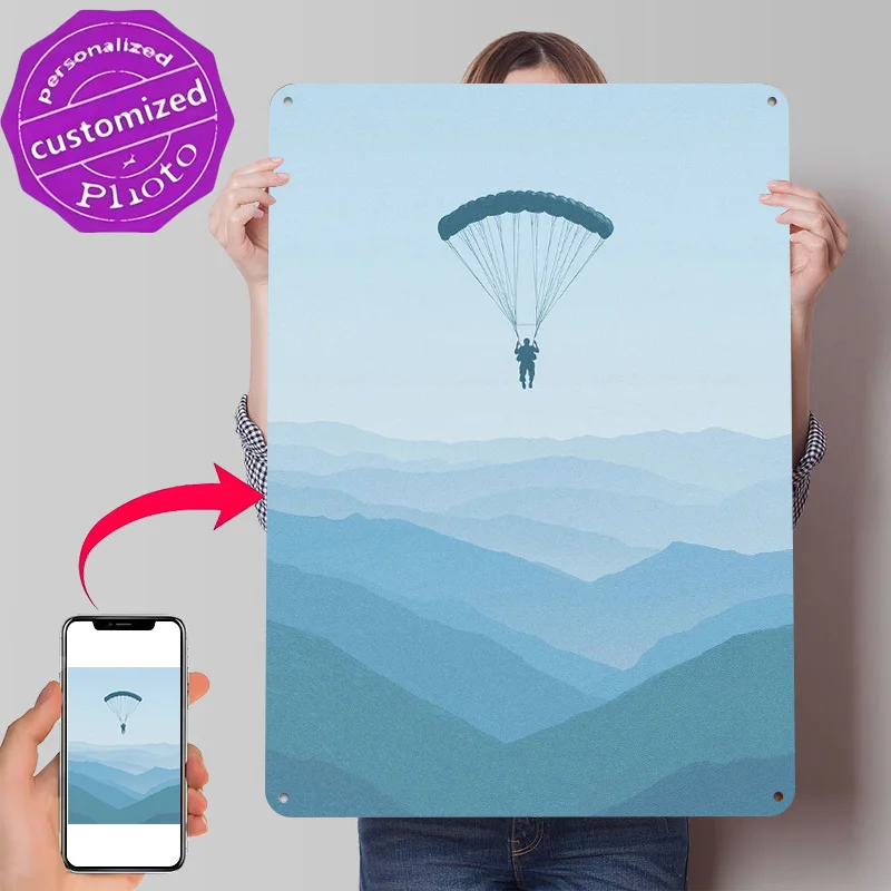 Parachutist Over Mountain Ranges Personalized 3D Textured Metal Poster Wall Art Vintage Tin Signs for Article Decoration Gaming