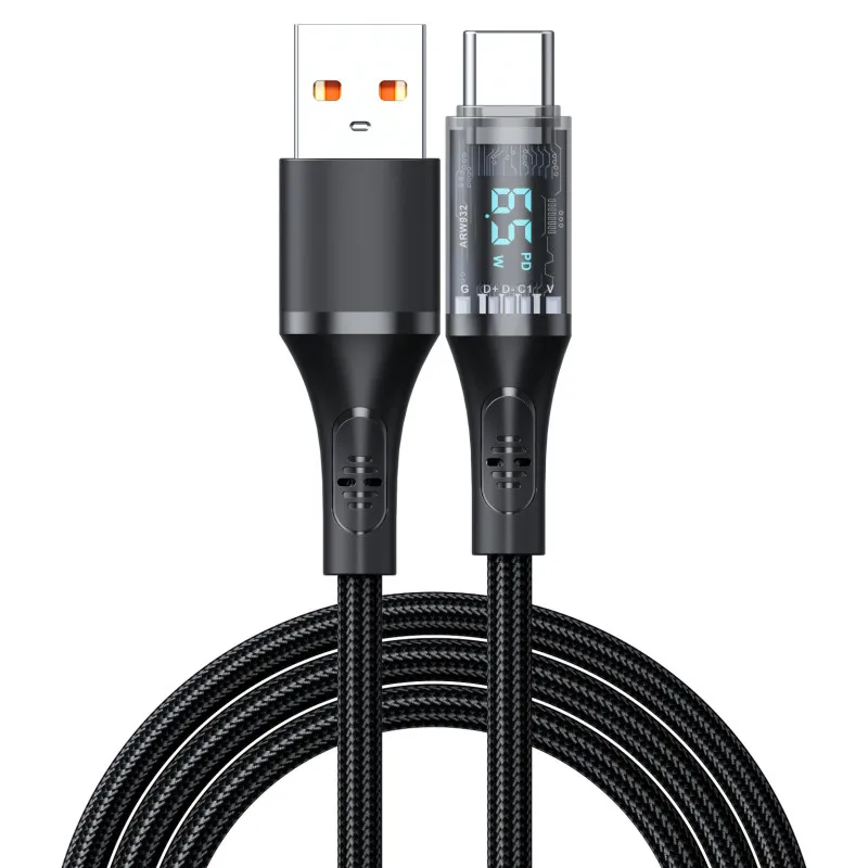 

65W 6A Digital Display USB Cable PD Super Fast Charging USB to Type C Cable Phone Charger Cable For HUAWEI Xiaomi Samsung