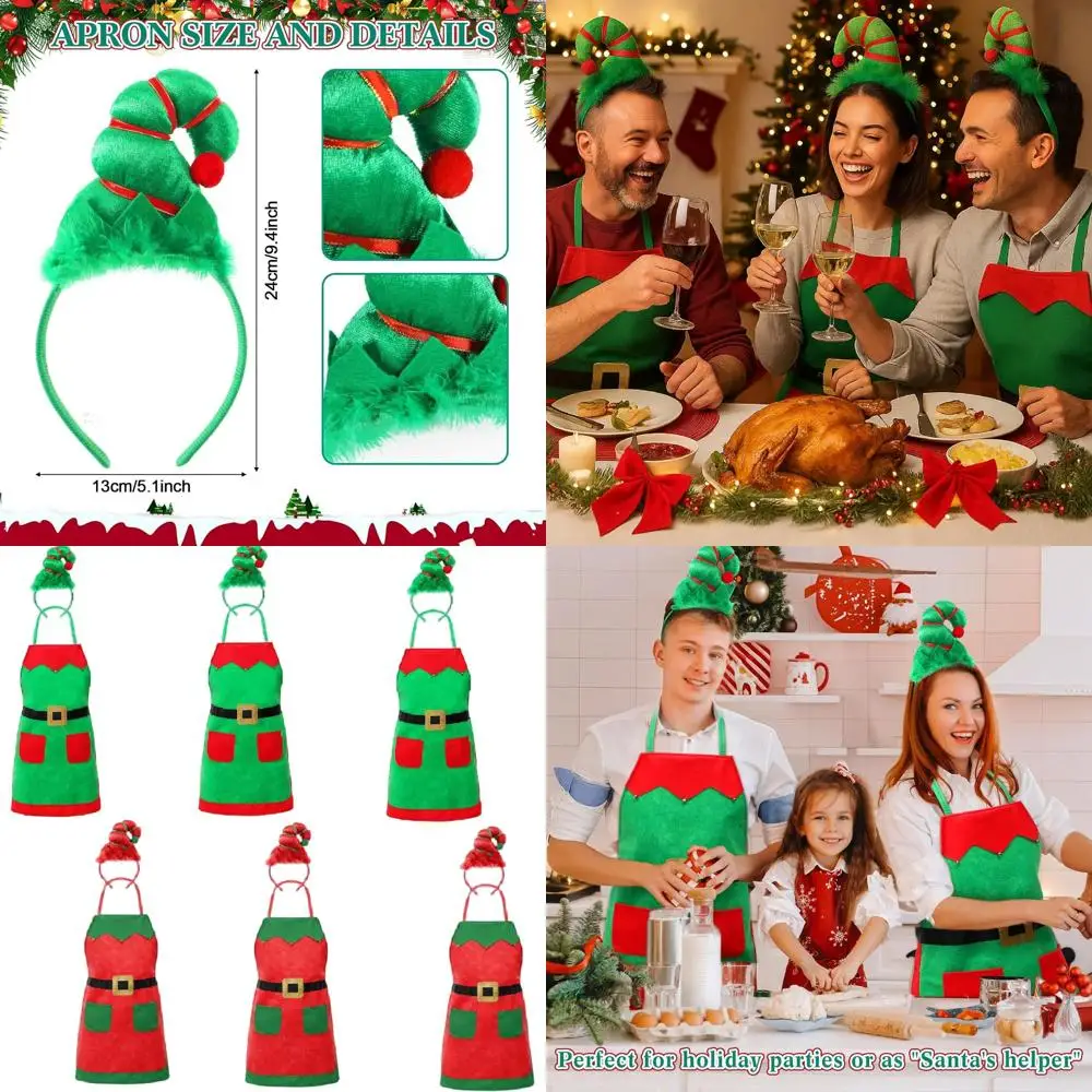 

Set of 12 Christmas Elf Aprons with Headbands for Women's Holiday Party Outfits