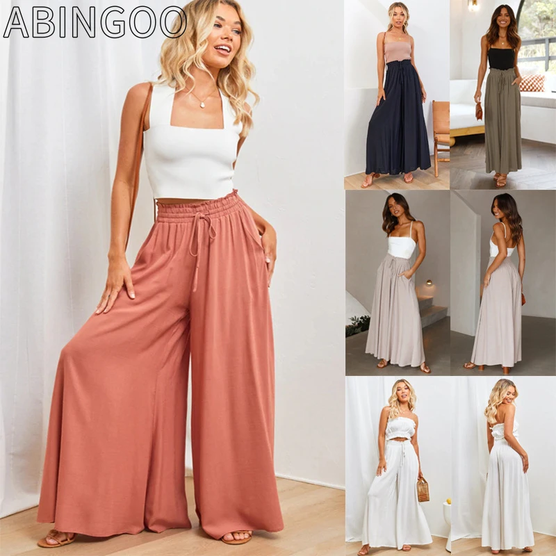 

ABINGOO Summer Casual High Waist Pants Women Wide Leg Dress Pants Loose Sweatpants Elastic Waist Long Trousers