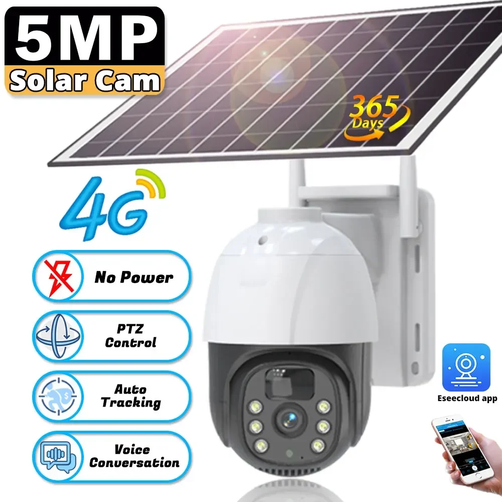 

Smart Home 5MP 4G Wireless PTZ Solar Camera 360° Outdoor AI Human Tracking Secuity WIFI Surveillance IP Camera IP66 Waterproof