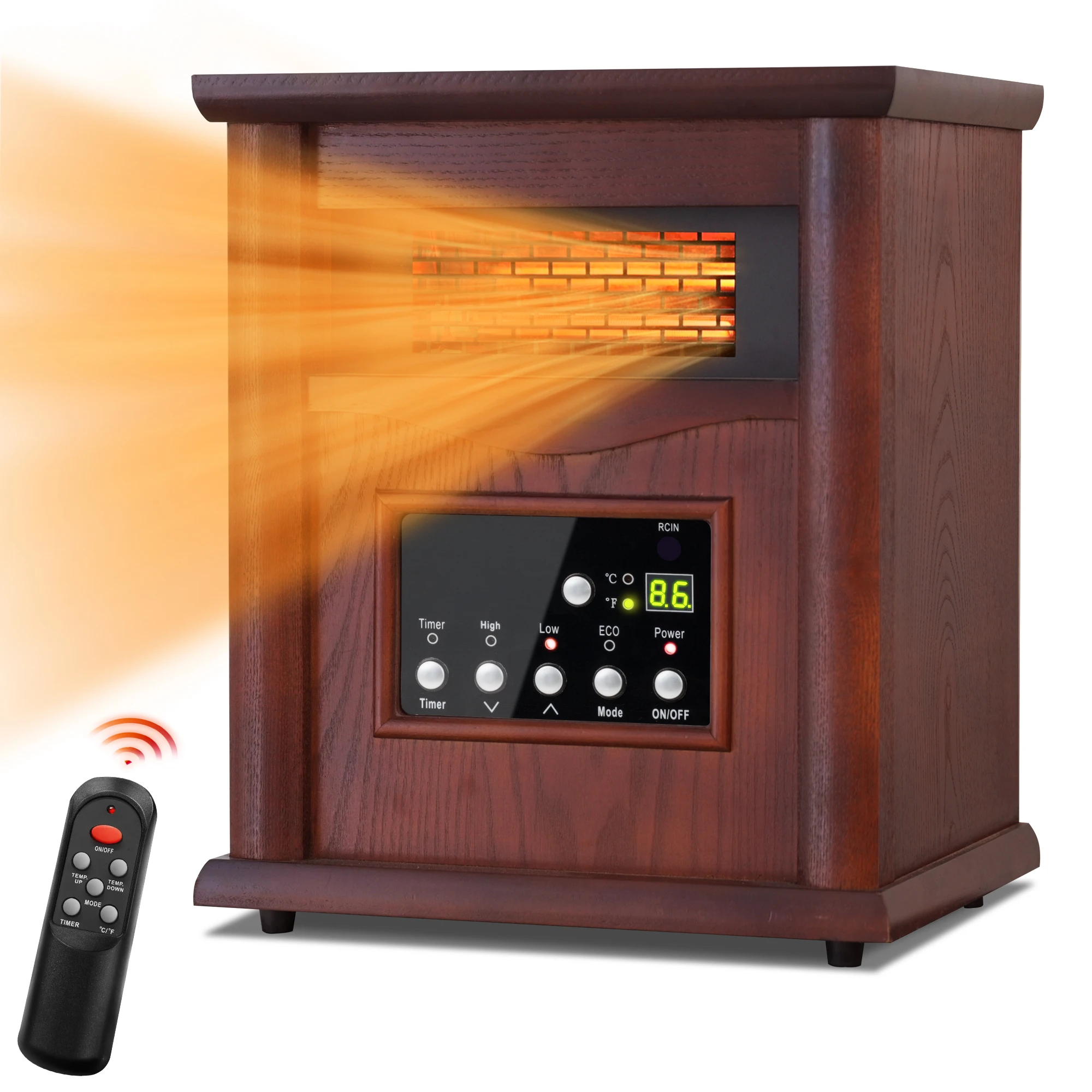 

Portable Freestanding Wooden Cabinet Infrared Heater Quartz Heating Element Space Heater Home Use with Remote Control