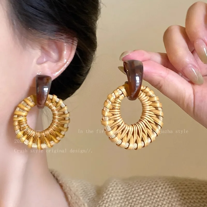 Earrings Bohemian Style Woven Rattan and Wood Oversized Hoop Lightweight Dark Brown Flattering Statement for Women Resort