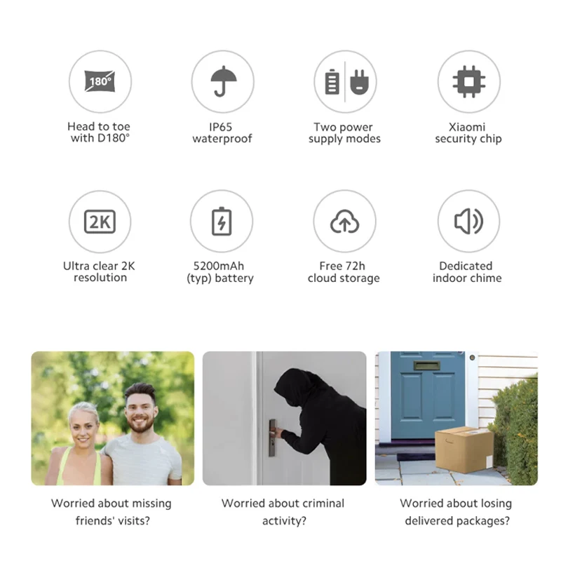 Xiaomi Campanello Intelligente 3S IP65 Impermeabile 2K Ultra HD Visione Notturna Batteria Lunga AI Riconoscimento Umano Video Campanello Intelligente