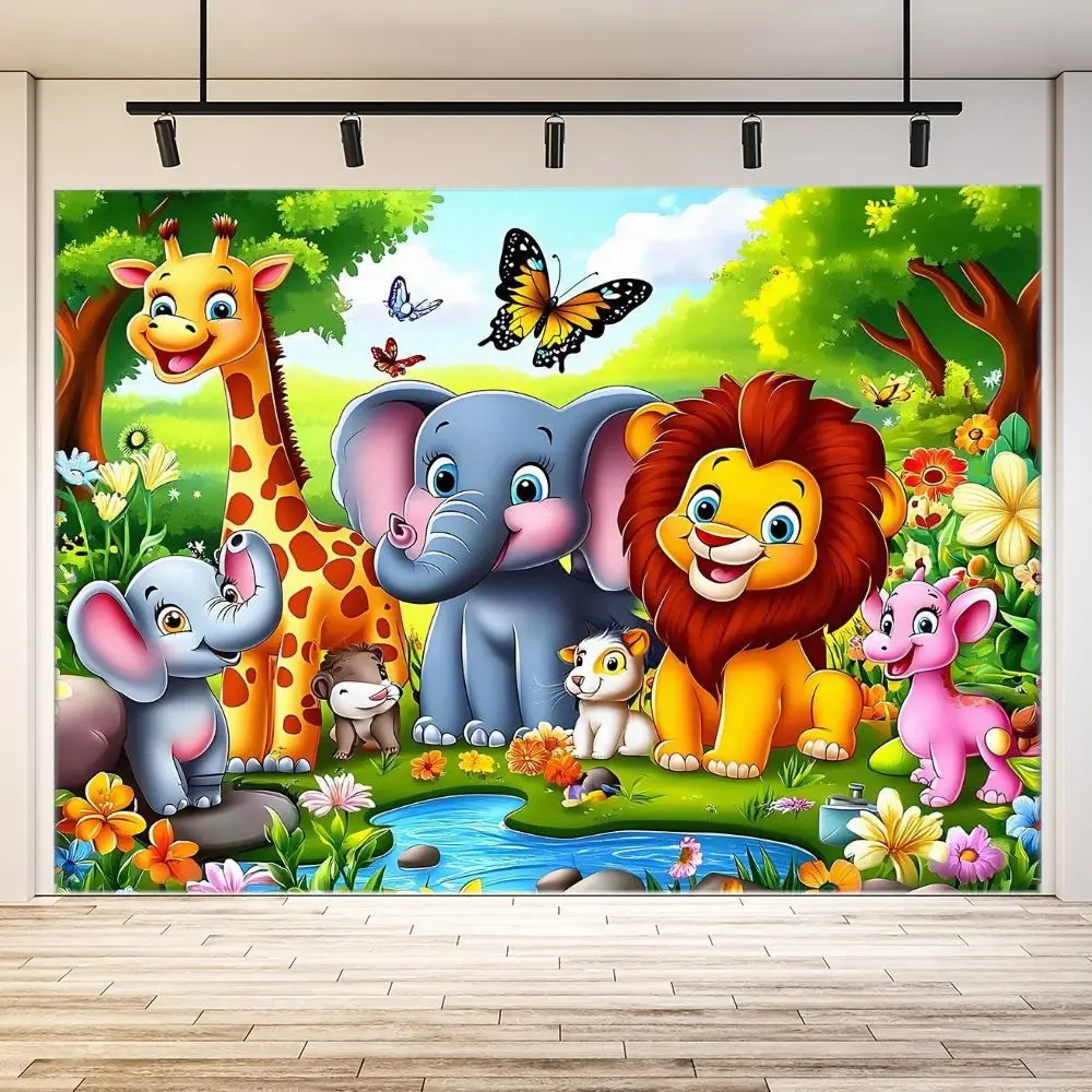 1 pancarta vibrante con dibujos animados de animales de la selva, vegetación exuberante, elefantes alegres, leones, jirafas, criaturas similares a perros, coloridos