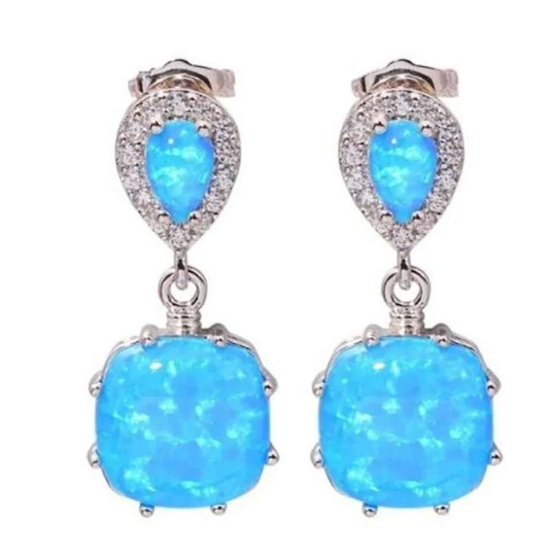 Trendy Earrings Shiny Silver Color Water Drop Square Inlaid with Blue Stone Dangle Earrings for Women Party Wedding Jewelry