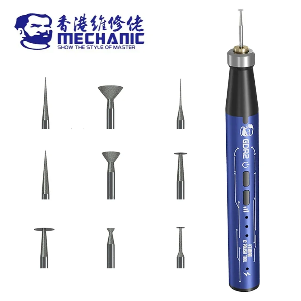 MECHANIC GDR2 Electric Polishing Pen 3Speed with 9 Diamond Grinding Heads for Phone Motherboard Repairs Tools