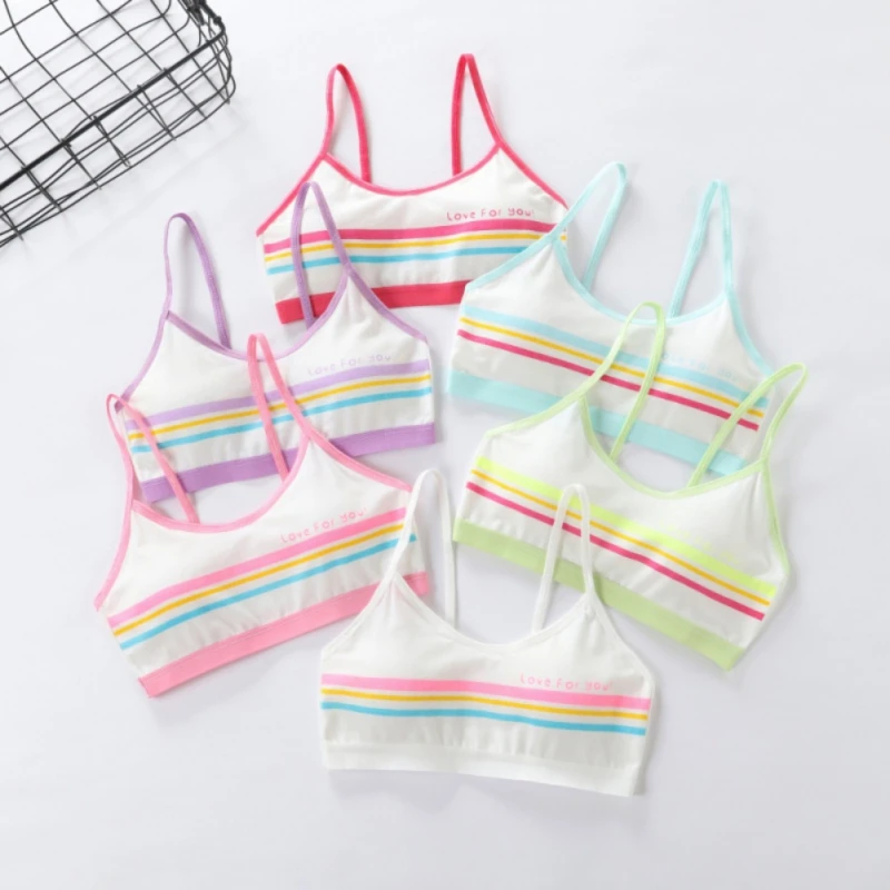 9-12Y Children's Breast Care Girl Bra Lovely Striped Training Bras Kids Soft Absorbent Breathable Underwear Tube Tops Sport Bras