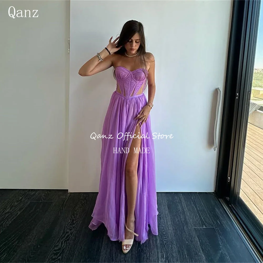 

Qanz Lilac Chiffon Prom Dresses Sweethert Long A Line Beach Women Party Dresses Lace Up Back Slit Vestidos De Festa Customized