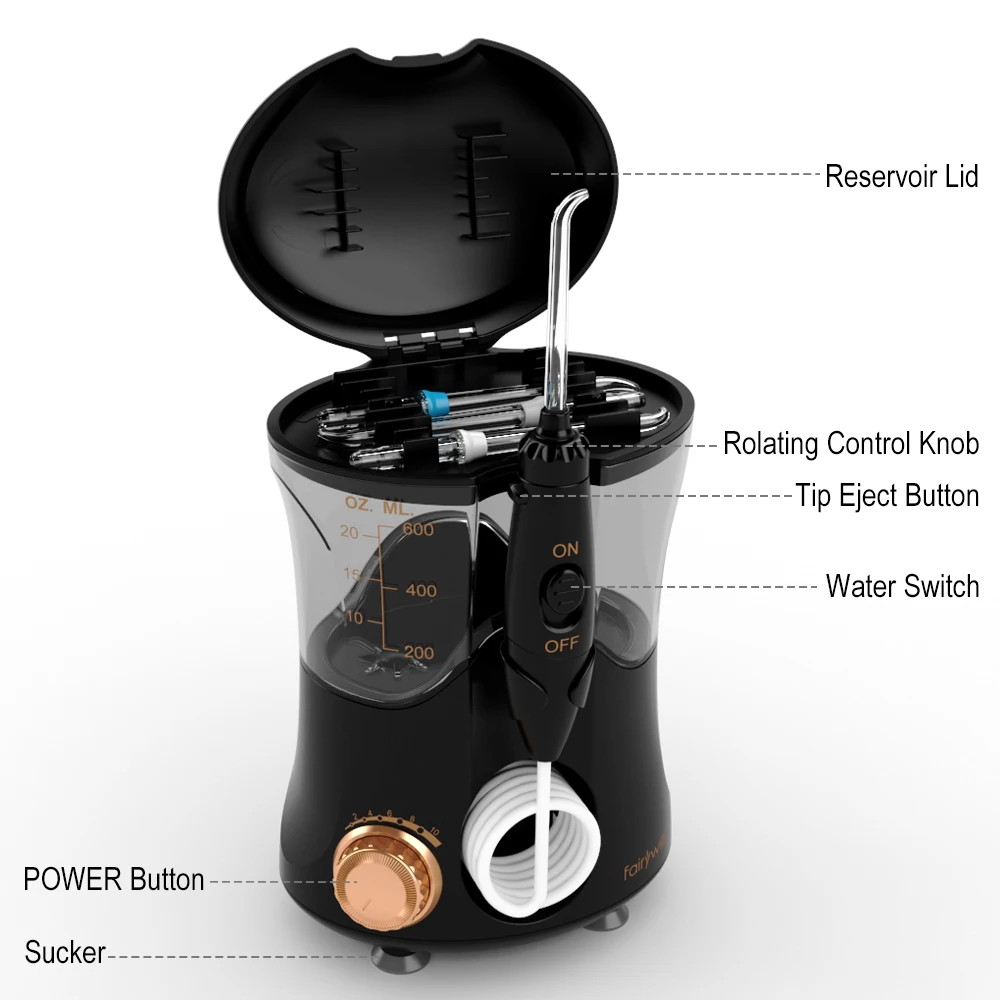 Fairywill Oral Irrigator Water Flosser Dental Electric 600ML WaterTank 10 Level 8 Jet Tips untuk Behel Teeth Cleaner untuk Keluarga