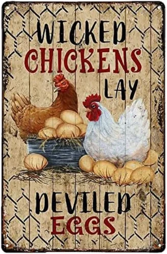 Metal Plate Tin Sign Wicked Chickens Lay Deviled Eggs Iron Poster Art Holiday De sign