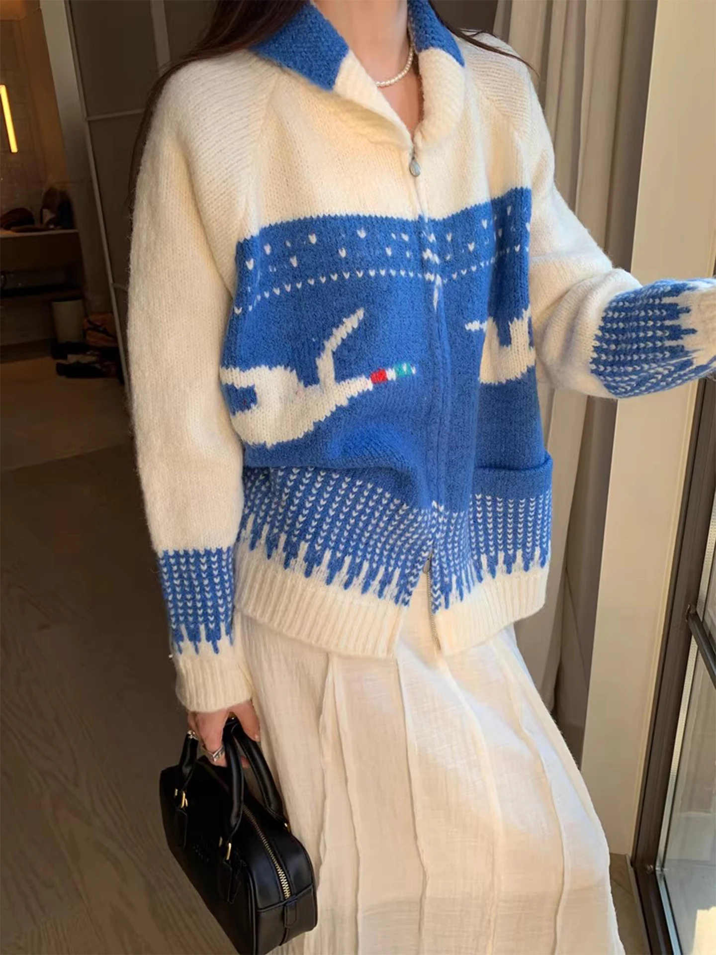Ele Swan 刺繍ニットセーターコート レディース ダブルジッパー オープンカーディガン 冬新作 スレ 快適 ルーズフィット ロングスリーブ...
