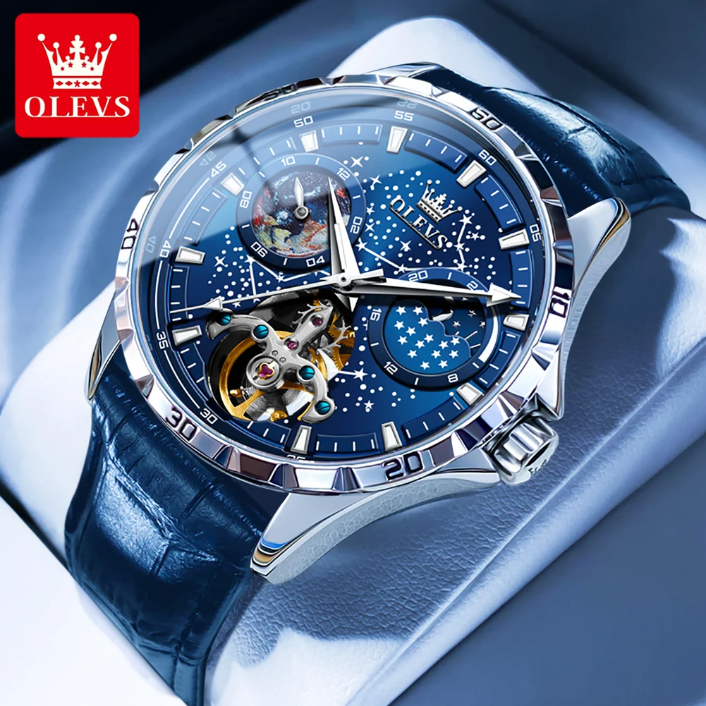 OLEVS Herrenuhren, wasserdicht, multifunktional, leuchtend, vollautomatisch, mechanische Uhr, Mondphase, Sternenhimmel, Original-TOP-Marke