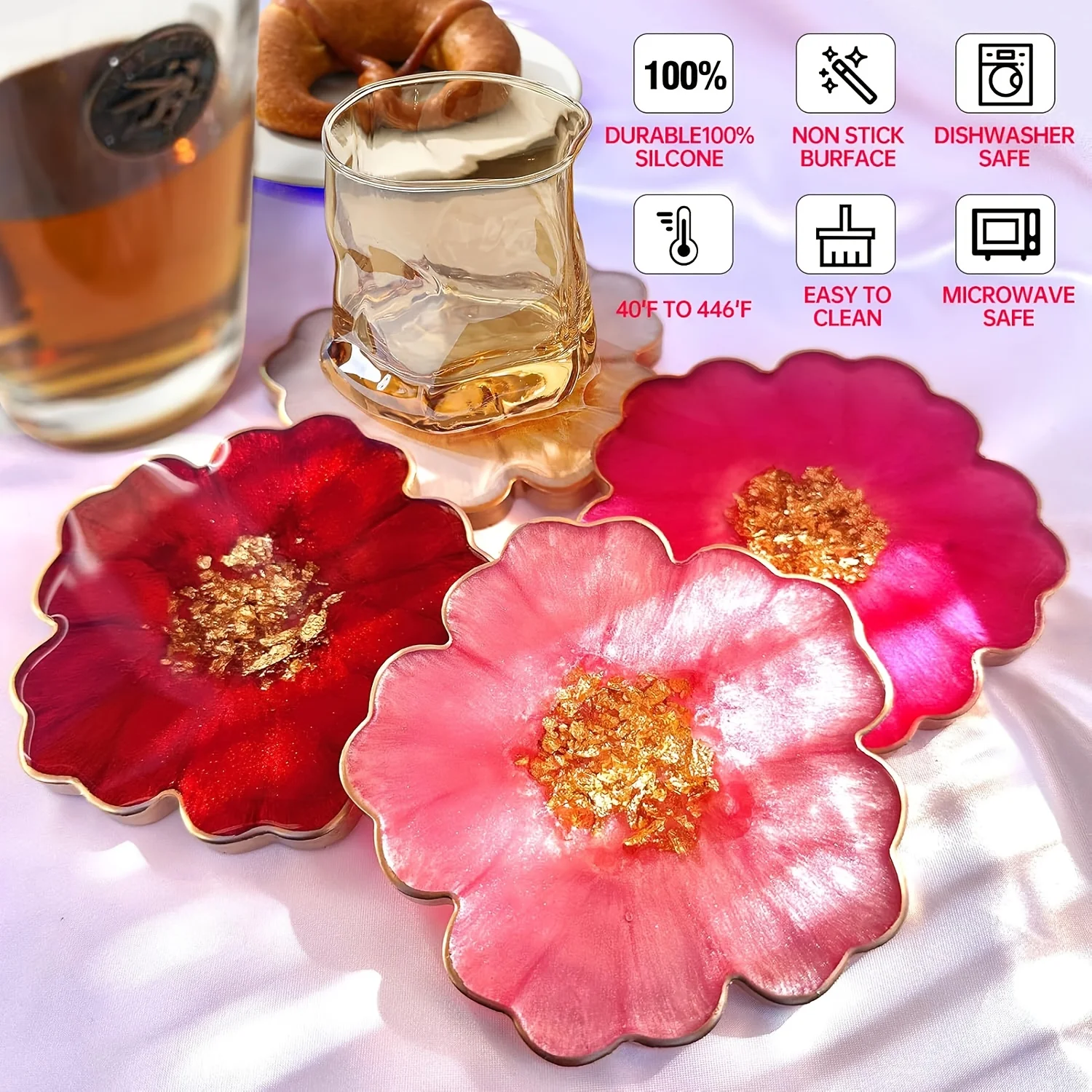 4pc- 4.7-inch flower-shaped coaster resin mold, suitable for DIY imitation agate sheets, coasters, candlesticks, and handicrafts