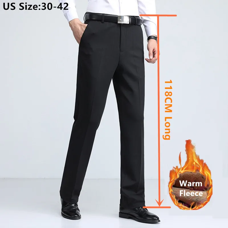 Winter Formal Suit Pants Men Fleece Warm Tall Men 118CM Lengthened Black Business Loose Straight Extra Long Thick Dress Trousers