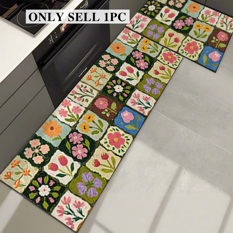 Kitchen Rug Pvc Waterproof Leather Carpet Long Non-slip Oil-proof  Floor Mat American Plaid Floral Carpets Home Decoration Rugs