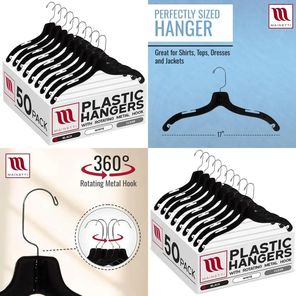 

Упаковка из 50 17-дюймовых черных пластиковых вешалок с поворотным крючком на 360 градусов и насечками для различных типов одежды
