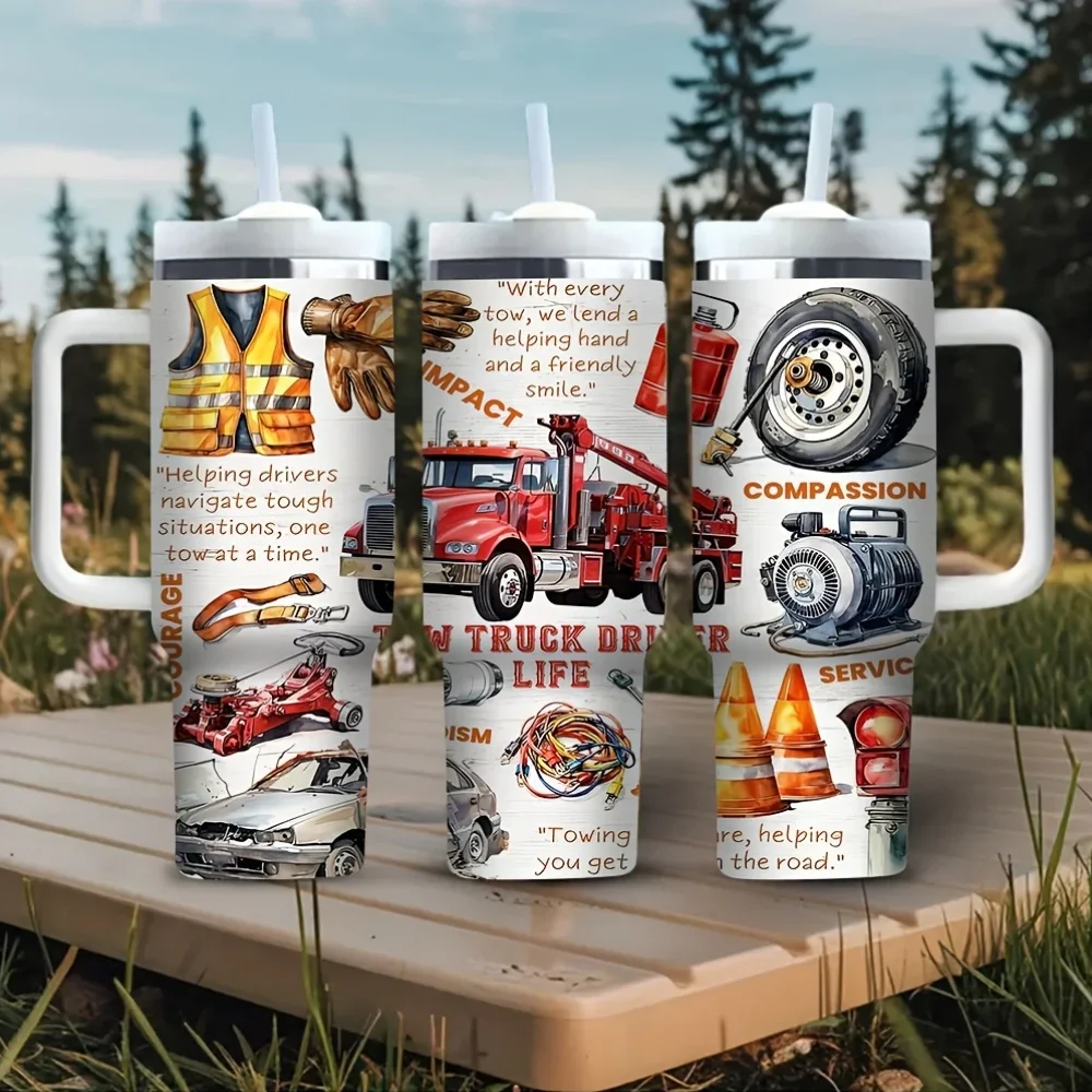 40Oz Handled Tumbler with Tow for truck Driver Life Themed Print, Suitable for Truck Drivers, Holds Hot And Cold Drinks, Perfect for Daily Use And Outdoor Travel