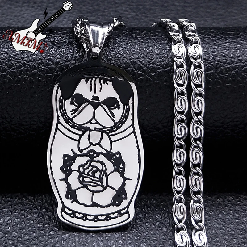 Fashion Matryoshka Pug Pendant Necklace for Women/Men Stainless Steel Silver Color Animal Dog Necklace Jewelry colliers N2568S06