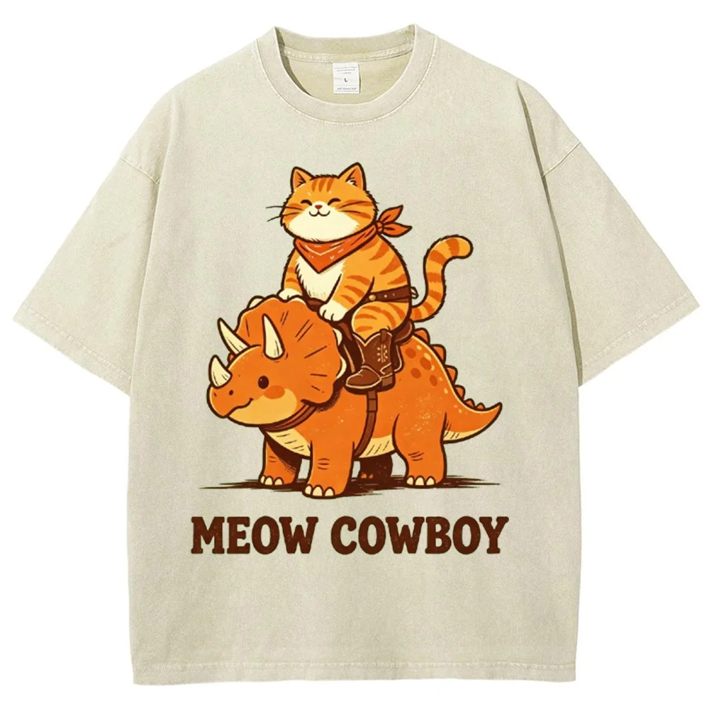 Acid Washed Graphic Tee For Men Women Meow Cowboy Cat Riding Triceratops Dinosaur Print Vintage Western Desert Funny Cartoon