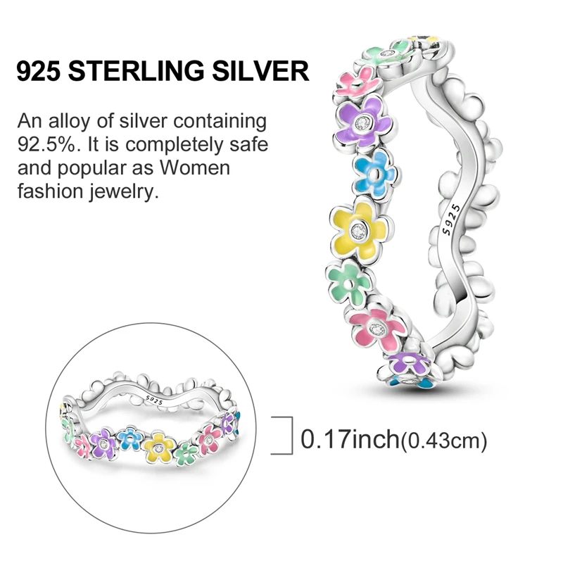 Original 925 Sterling Silver Rings Colorful Oil Drip Flower Rings For Women Girls Jewelry Birthday Anniversary Gifts image 5