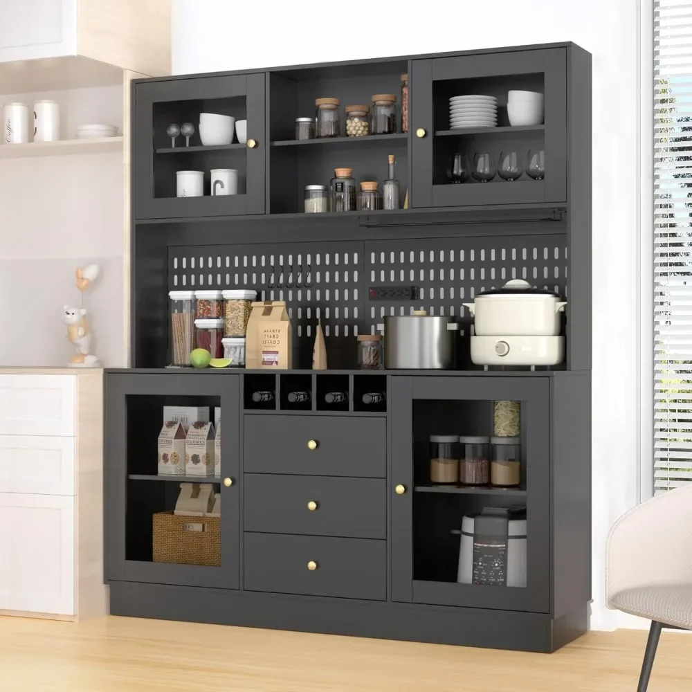 Freestanding Buffet Hutch with Pegboard,Cup Holder, Power Outlet,4 Doors & 3 Drawers,Cupboard with Microwave Shelf & Wine Racks