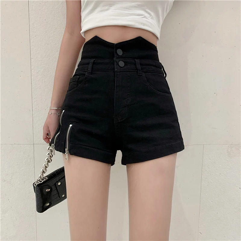 

S-5XL Denim Shorts Womens 2024 Summer Korean Fashion All Match Black Zipper High Waist Short Pants Jeans Female