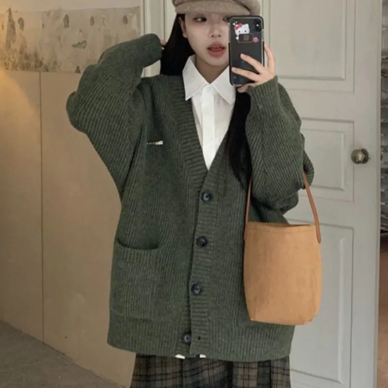 Preppy Style Cardigans for Women Long Sleeve Knitted V-neck Solid All-match Warm Ins Fashion Loose Ulzzang Elegant Spring Autumn