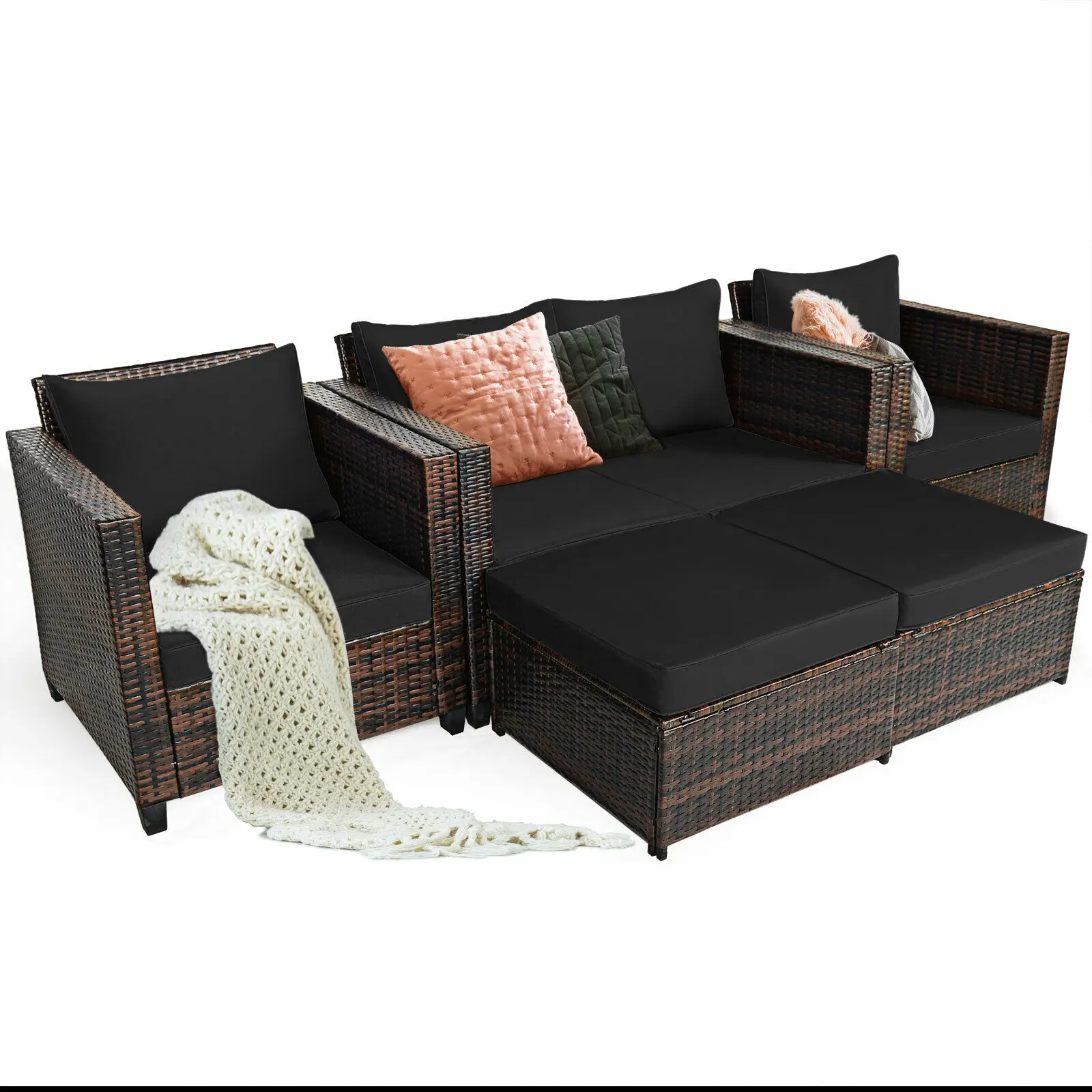 

Patiojoy 5PCS Patio Rattan Furniture Set Loveseat Sofa Ottoman Cushioned Black