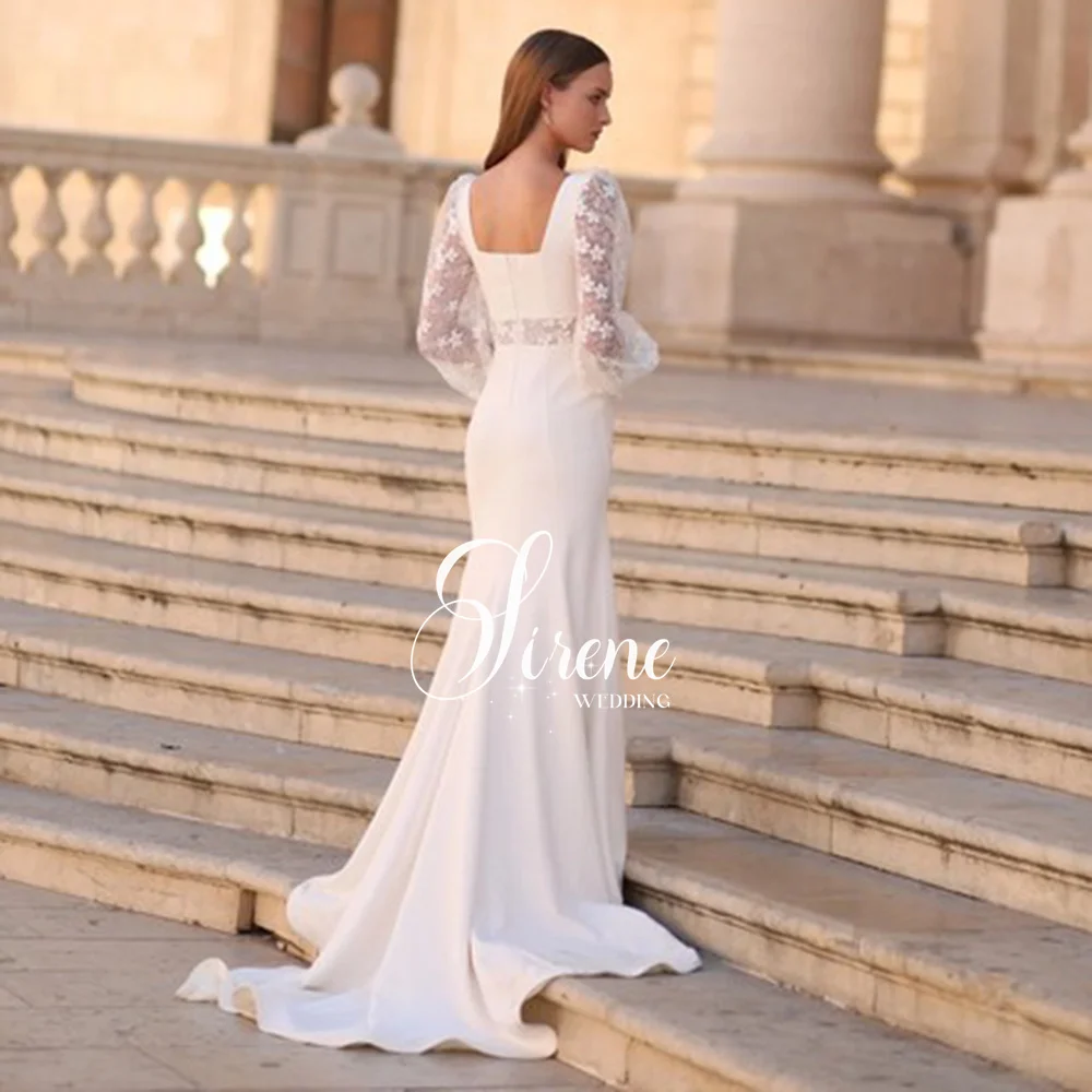 Sirene Elegant Square Collar Sheath Wedding Dresses Long Lantern Sleeves Lace Appliques Modern Bride Gowns Spandex Sweep Train